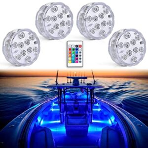 seaponer boat lights wireless battery operated, waterproof marine led light for deck light courtesy interior lights, for fishing kayak duck jon bass boat, rgb multi color remote controlled, 4pcs