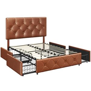 topeakmart full faux leather platform bed frame with tufted adjustable headboard and 4 drawers, upholstered mattress foundation, strong wooden slats support, no box spring needed, amber brown
