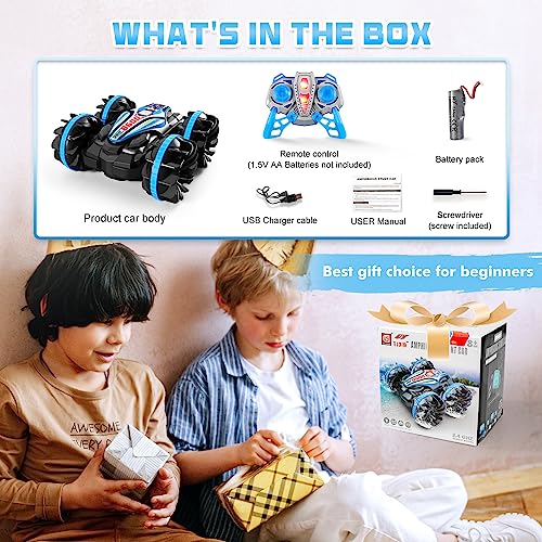 FUUY Amphibious RC Car for Kids Pool Toys for Boys 4-6, 2.4 GHz Remote Control Boat Waterproof RC Monster Truck Stunt Car 4WD Vehicle RC Boat Boys Girls Birthdays Gifts All Terrain Water Beach Toys