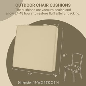 downluxe Outdoor Chair Cushions for Patio Furniture, Waterproof Square Corner Memory Foam Patio Chair Cushion with Adjustable Ties and Portable Handle, 19" x 19" x 3", Khaki, 2 Pack