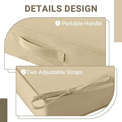 downluxe Outdoor Chair Cushions for Patio Furniture, Waterproof Square Corner Memory Foam Patio Chair Cushion with Adjustable Ties and Portable Handle, 19" x 19" x 3", Khaki, 2 Pack