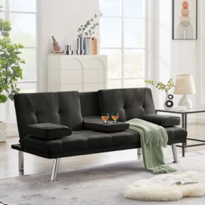 anwicknomo convertible folding futon sofa bed with metal legs & 2 cupholders, modern faux leather upholstered couch loveseat sleeper, folding couches bed, removable armrests for small spaces (black)