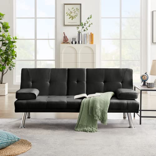 AnwickNomo Convertible Folding Futon Sofa Bed with Metal Legs & 2 Cupholders, Modern Faux Leather Upholstered Couch Loveseat Sleeper, Folding Couches Bed, Removable Armrests for Small Spaces (Black)