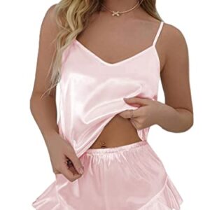 Pajamas for Women Silk Sleepwear Sexy Lingerie Satin Cami Shorts Set Nightwear Pink M