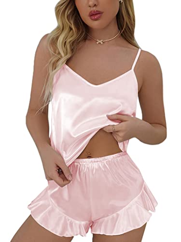 Pajamas for Women Silk Sleepwear Sexy Lingerie Satin Cami Shorts Set Nightwear Pink M