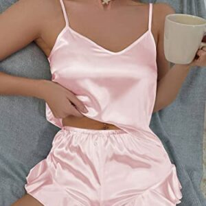 Pajamas for Women Silk Sleepwear Sexy Lingerie Satin Cami Shorts Set Nightwear Pink M