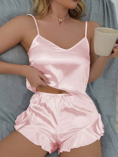 Pajamas for Women Silk Sleepwear Sexy Lingerie Satin Cami Shorts Set Nightwear Pink M