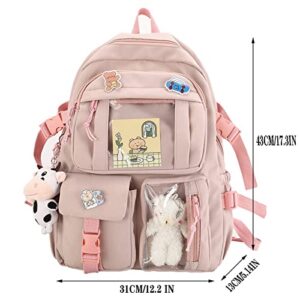 TATTHA Kawaii Backpack with Cute Bear Plush Pin Accessories Large Capacity Aesthetic School Bags Cute Bookbag for Girls Teen-Beige