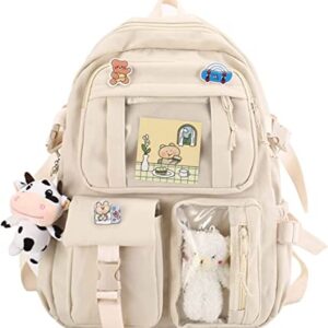 TATTHA Kawaii Backpack with Cute Bear Plush Pin Accessories Large Capacity Aesthetic School Bags Cute Bookbag for Girls Teen-Beige