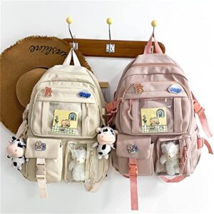 TATTHA Kawaii Backpack with Cute Bear Plush Pin Accessories Large Capacity Aesthetic School Bags Cute Bookbag for Girls Teen-Beige