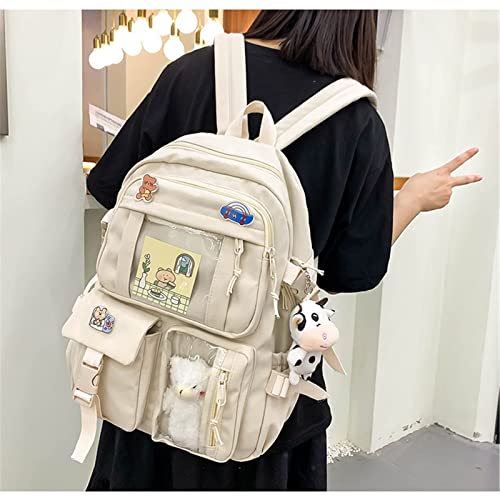 TATTHA Kawaii Backpack with Cute Bear Plush Pin Accessories Large Capacity Aesthetic School Bags Cute Bookbag for Girls Teen-Beige