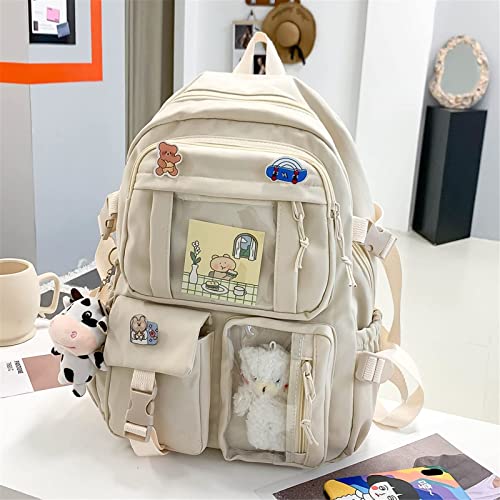 TATTHA Kawaii Backpack with Cute Bear Plush Pin Accessories Large Capacity Aesthetic School Bags Cute Bookbag for Girls Teen-Beige