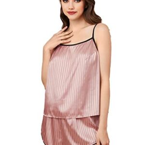 WDIRARA Women's Plus Size 3 Pieces Silk Sleepwear Satin Striped Cami Top with Shorts and Pants Pajama Set Dusty Pink 5XL