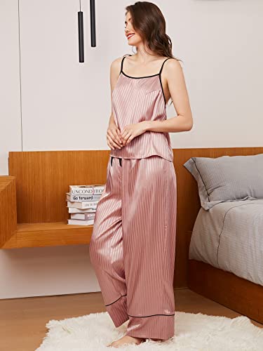 WDIRARA Women's Plus Size 3 Pieces Silk Sleepwear Satin Striped Cami Top with Shorts and Pants Pajama Set Dusty Pink 5XL