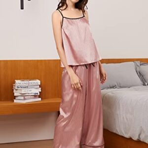 WDIRARA Women's Plus Size 3 Pieces Silk Sleepwear Satin Striped Cami Top with Shorts and Pants Pajama Set Dusty Pink 5XL