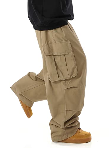 Verdusa Men's Drawstring Waist Pocket Side Loose Cargo Pants Baggy Joggers Khaki S