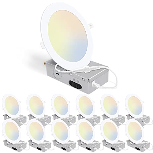 12 Pack 5CCT Ultra-Thin LED Recessed Lighting 6 Inch, Downlight with Junction Box, 2700K/3000K/4000K/5000K/6500K Selectable, 12W 110W Eqv, Dimmable Wafer Lights, 1050LM Canless LED Recessed Light, ETL