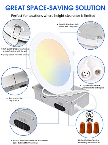 12 Pack 5CCT Ultra-Thin LED Recessed Lighting 6 Inch, Downlight with Junction Box, 2700K/3000K/4000K/5000K/6500K Selectable, 12W 110W Eqv, Dimmable Wafer Lights, 1050LM Canless LED Recessed Light, ETL