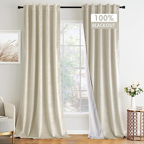 MIULEE 100% Blackout Velvet Curtains 90 Inches Long 2 Panels Ivory White Cream Luxury Light Blocking Window Drapes for Bedroom Living Room Back Tab Rod Pocket Thermal Insulated Curtains