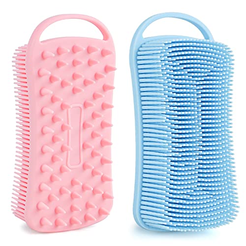 Silicone Body Scrubber Loofah, 2 in 1 Shower Scrubber for Body, Soft Silicone Loofah for Sensitive Women Men All Kinds of Skin, Scalp Massager Shampoo Brush, Exfoliating Bath Brush (2PC, Blue&Pink)