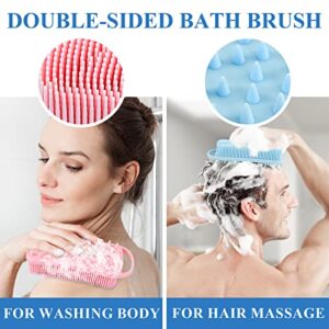 Silicone Body Scrubber Loofah, 2 in 1 Shower Scrubber for Body, Soft Silicone Loofah for Sensitive Women Men All Kinds of Skin, Scalp Massager Shampoo Brush, Exfoliating Bath Brush (2PC, Blue&Pink)