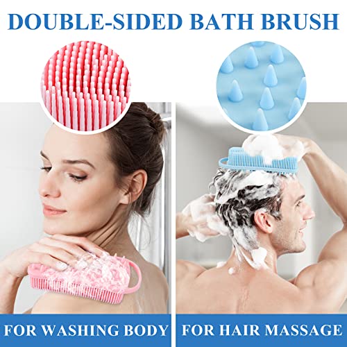 Silicone Body Scrubber Loofah, 2 in 1 Shower Scrubber for Body, Soft Silicone Loofah for Sensitive Women Men All Kinds of Skin, Scalp Massager Shampoo Brush, Exfoliating Bath Brush (2PC, Blue&Pink)