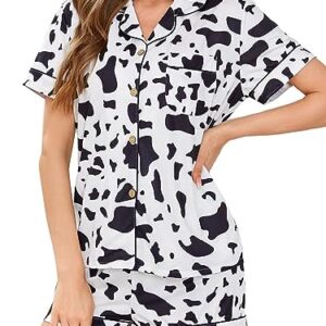 WDIRARA Women's Satin Heart Print Short Sleeve Button Down Flamingo Pajamas Shorts Set Cow Print Black White S