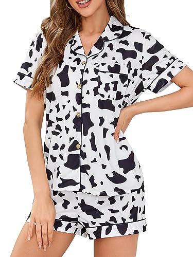 WDIRARA Women's Satin Heart Print Short Sleeve Button Down Flamingo Pajamas Shorts Set Cow Print Black White S