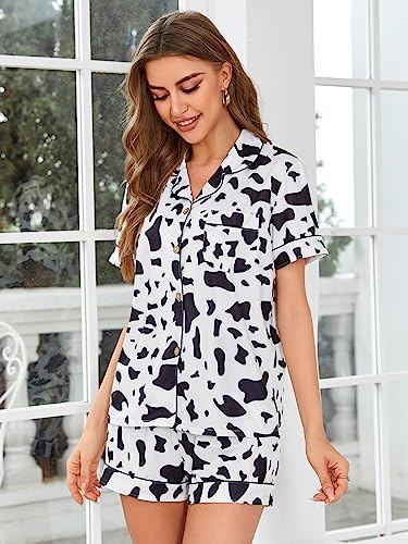 WDIRARA Women's Satin Heart Print Short Sleeve Button Down Flamingo Pajamas Shorts Set Cow Print Black White S