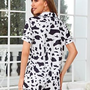WDIRARA Women's Satin Heart Print Short Sleeve Button Down Flamingo Pajamas Shorts Set Cow Print Black White S
