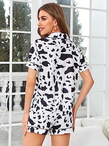 WDIRARA Women's Satin Heart Print Short Sleeve Button Down Flamingo Pajamas Shorts Set Cow Print Black White S