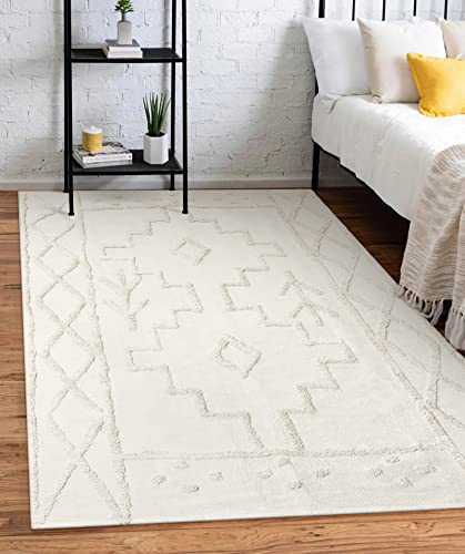 Uphome Boho Washable Rug for Living Room 5'x7' Geometric Moroccan Area Rug with Tassels Cotton Woven Tufted Throw Rugs for Bedroom Beige Farmhouse Carpets for Dinning Room Kitchen