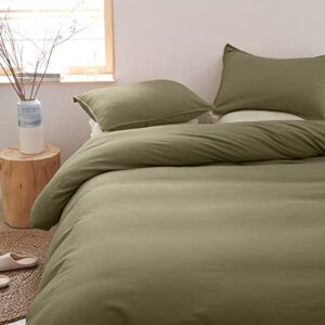 olive green linen-textured 55% viscose from bamboo 45% cotton duvet cover set, pre-washed soft breathable queen size duvet cover for hot sleepers, natural organic duvet cover with 2 pillowcases