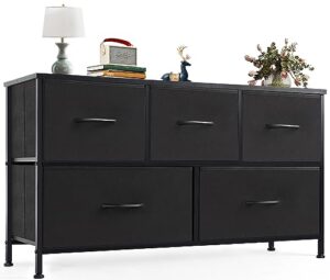 olixis organizer storage 5, chest of drawers with fabric bins, long dresser with wood top for bedroom, closet, entryway, black