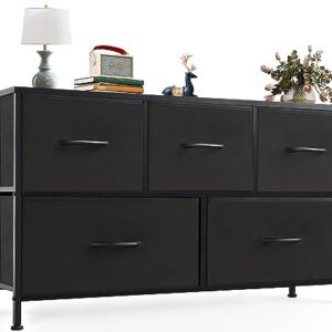 OLIXIS Organizer Storage 5, Chest of Drawers with Fabric Bins, Long Dresser with Wood Top for Bedroom, Closet, Entryway, Black