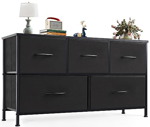 OLIXIS Organizer Storage 5, Chest of Drawers with Fabric Bins, Long Dresser with Wood Top for Bedroom, Closet, Entryway, Black