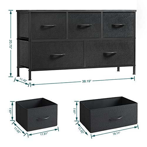 OLIXIS Organizer Storage 5, Chest of Drawers with Fabric Bins, Long Dresser with Wood Top for Bedroom, Closet, Entryway, Black