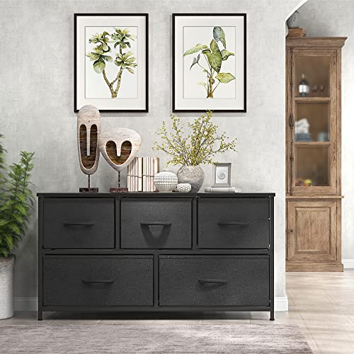 OLIXIS Organizer Storage 5, Chest of Drawers with Fabric Bins, Long Dresser with Wood Top for Bedroom, Closet, Entryway, Black
