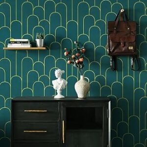 Peel and Stick Wallpaper Green and Gold Geometric Contact Paper Green and Gold Self-Adhesive Wallpaper Removable Modern Stripe Wallpaper for Walls Covering Waterproof Vinyl Rolls 17.3''x118''