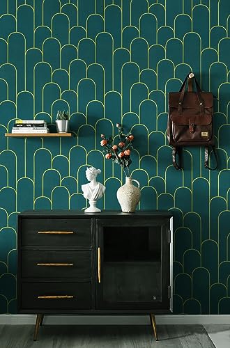 Peel and Stick Wallpaper Green and Gold Geometric Contact Paper Green and Gold Self-Adhesive Wallpaper Removable Modern Stripe Wallpaper for Walls Covering Waterproof Vinyl Rolls 17.3''x118''