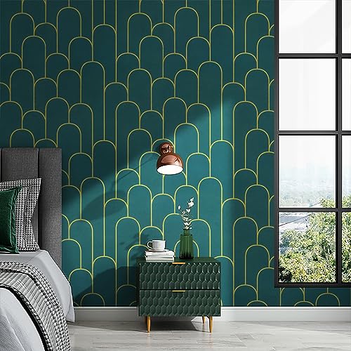 Peel and Stick Wallpaper Green and Gold Geometric Contact Paper Green and Gold Self-Adhesive Wallpaper Removable Modern Stripe Wallpaper for Walls Covering Waterproof Vinyl Rolls 17.3''x118''