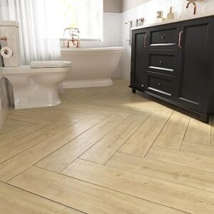 Skyblur Vinyl Planks Flooring Peel and Stick Floor Tile Natural Wood Tiles for Floor Stickers Removable Self Adhesive Tiles Bathroom Floor Vinyl Tiles for Kitchen Floor 35x6 Inch 4 Pcs