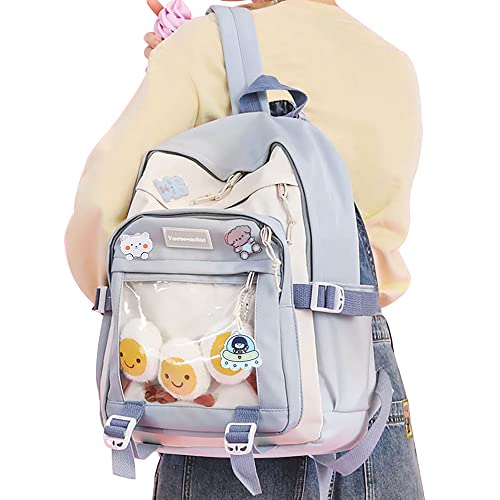 Newlifegift Kawaii Backpack with Girls Cute Pin Accessories Plush Pendant Kawaii School Backpack Cute Aesthetic Backpack (Blue)