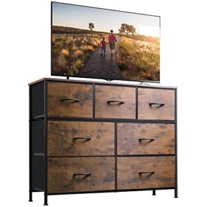 wlive dresser tv stand, entertainment center with fabric drawers, media console table with metal frame and wood top for tv up to 45 inch, chest of drawers for bedroom, rustic brown wood grain print