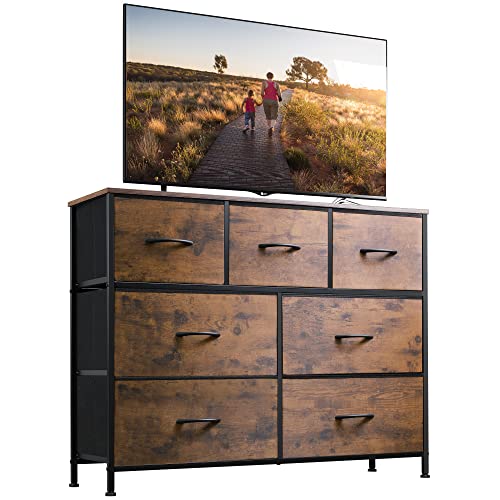 WLIVE Dresser TV Stand, Entertainment Center with Fabric Drawers, Media Console Table with Metal Frame and Wood Top for TV up to 45 inch, Chest of Drawers for Bedroom, Rustic Brown Wood Grain Print