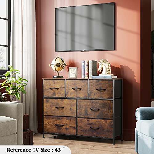 WLIVE Dresser TV Stand, Entertainment Center with Fabric Drawers, Media Console Table with Metal Frame and Wood Top for TV up to 45 inch, Chest of Drawers for Bedroom, Rustic Brown Wood Grain Print