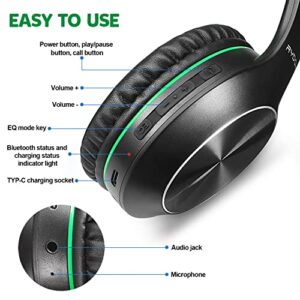 Rydohi Bluetooth Headphones Over Ear, 68H Playtime and 3 EQ Music Modes Wireless Headphones with Microphone/Deep Bass, HiFi Stereo Foldable Lightweight Headset for PC Home Travel Office (Black Green)