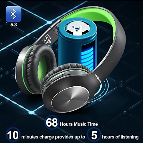 Rydohi Bluetooth Headphones Over Ear, 68H Playtime and 3 EQ Music Modes Wireless Headphones with Microphone/Deep Bass, HiFi Stereo Foldable Lightweight Headset for PC Home Travel Office (Black Green)