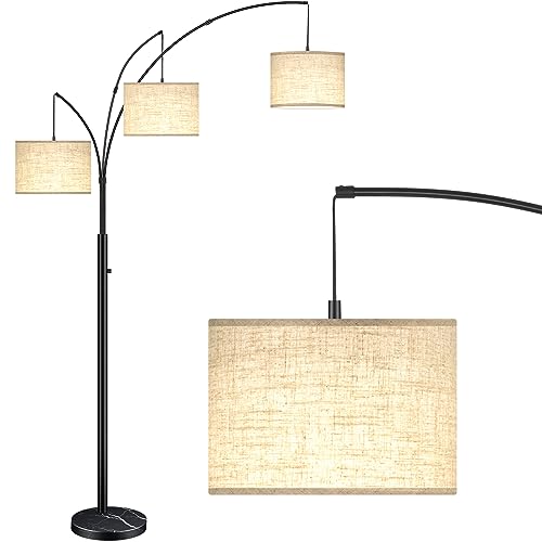 Arc Floor Lamps for Living Room, 3-Light Dimmable Tall Standing Floor Lamp with Adjustable Hanging Beige Shades, Modern Mid Century Floor Lamp with Marble Base for Bedroom Office, 3 LED Bulbs Included