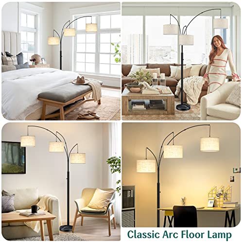 Arc Floor Lamps for Living Room, 3-Light Dimmable Tall Standing Floor Lamp with Adjustable Hanging Beige Shades, Modern Mid Century Floor Lamp with Marble Base for Bedroom Office, 3 LED Bulbs Included